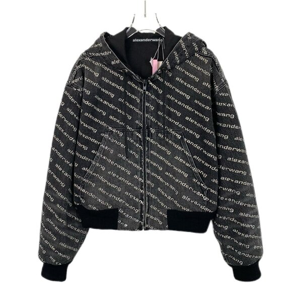 CW0126 Alexander Wang black and grey logo letter barrage full print hooded zip-u